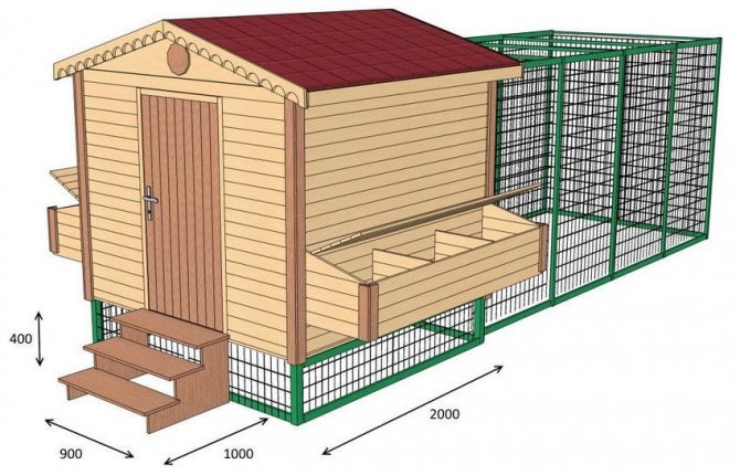 3D-modell av ett vinterhönshus med ett fjäderfähus och ett gångområde