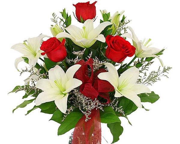 white lilies and red roses