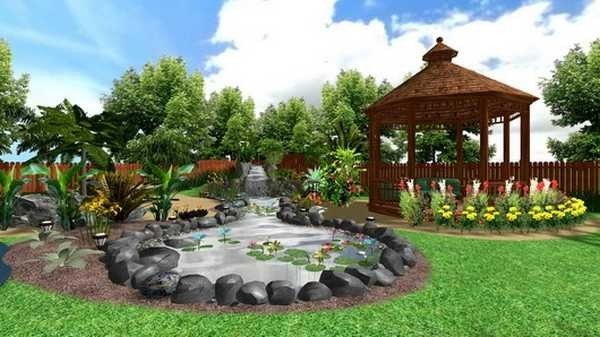 A gazebo and a pond are favorite and brightest ways to decorate a summer cottage or suburban area