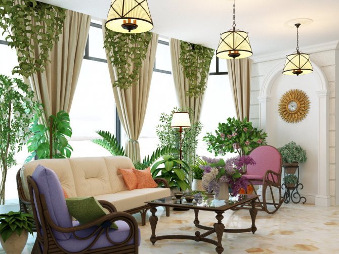 Large windows in a room with a winter garden