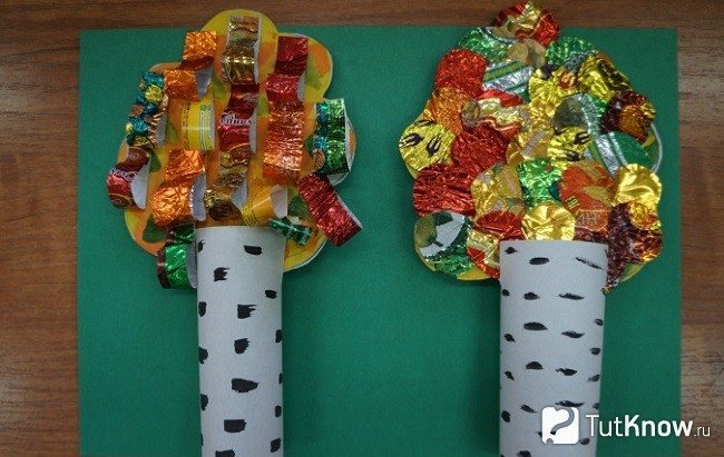 Ready-made birch from candy wrappers