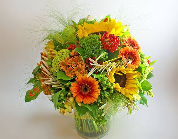 sunflowers and gerberas in a bouquet