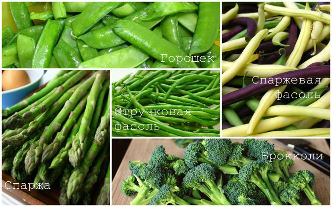 green beans and asparagus, green peas, broccoli, asparagus