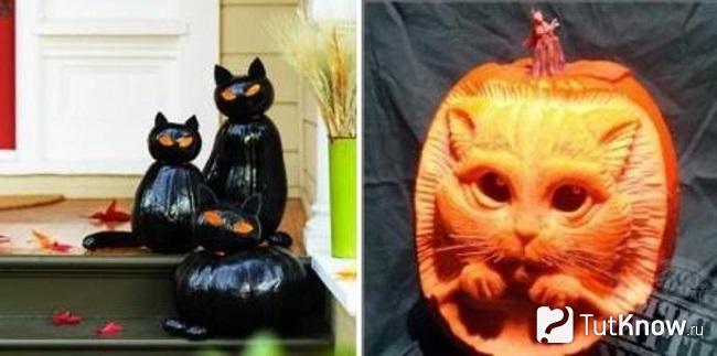 Tři černé dýňové kočky a jedna silueta kočky vytesané do dýně