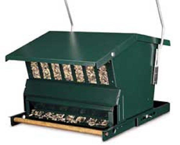 Grain is poured into the automatic bird feeder